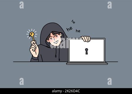 Uomo hacker rompere il sistema informatico Foto Stock