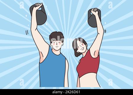 Le persone sorridenti alzano i manubri fare sport insieme Foto Stock