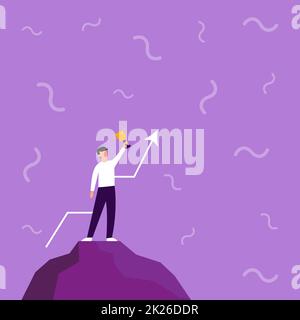 Illustrazione di businessman in piedi da solo su Big Rock orgogliosamente Holding Up High Trophy. Uomo disegno Top di Cliff Hanging una mano lucido Golden Cup . Foto Stock