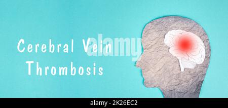 Trombosi venosa cerebrale è in piedi su uno sfondo di colore blu, Silhouette di una testa con un cervello, coagulo di sangue rosso, effetto collaterale vaccino covid-19 Foto Stock