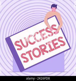 Cartello di testo che mostra le storie di successo. Parola scritta su una cronaca che mostra grande successo raggiunto da una persona Gentleman Drawing Holding Un grande Clipboard vuoto. Foto Stock