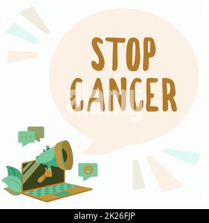 Didascalia di testo che presenta Stop Cancer. Approccio aziendale prevenire la crescita incontrollata di cellule anormali nel corpo laptop Drawing Sharing commenti e reazioni in Chat Cloud su Megaphone. Foto Stock