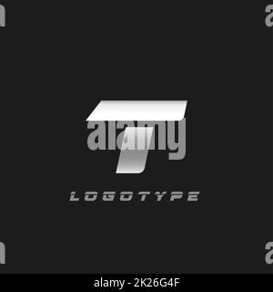 Lama argento lettera T, grassetto corsivo corto monogramma. Stemma vettoriale in ferro di alluminio per officina di riparazione auto o per auto e servizio di corsa logo moderno. Foto Stock