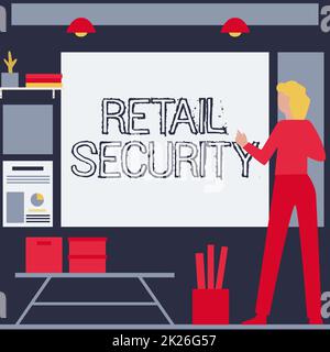 Ispirazione che mostra il segno Retail Security. Business Concept Process che beni venduti al pubblico in un modo sicuro Businesswoman casual Standing presentando carte e nuove meravigliose idee. Foto Stock