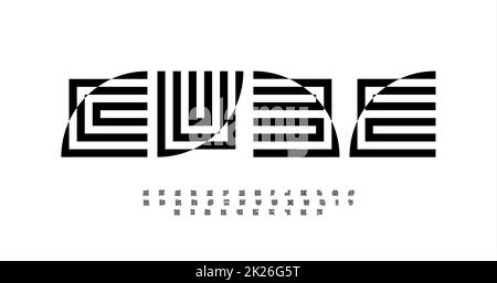 Alfabeto astratto geometrico, lettere decorative. Tipo quadrato distorto per il logo moderno di moda o architettura, e monogramma. Tipografia dell'illusione ottica. Carattere grassetto labirinto, disegno tipografico vettoriale Foto Stock