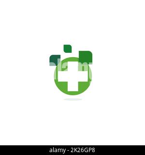 Logo a croce verde, farmacia di erbe eco-curative, modello di logotipo vettoriale isolato su sfondo bianco. Foto Stock