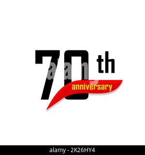 Logo vettoriale astratto per il 70th° anniversario. Settanta felice giorno di compleanno icona. Numeri neri con forma boomerang rossa con testo giallo 70 anni. Foto Stock