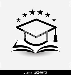 Logo Education Vector. Libro aperto, dizionario, libro di testo o notebook con icona del cappello di laurea. Idea moderna di emblema, design concettuale per imprese, biblioteche, scuole, università, corsi educativi. Foto Stock