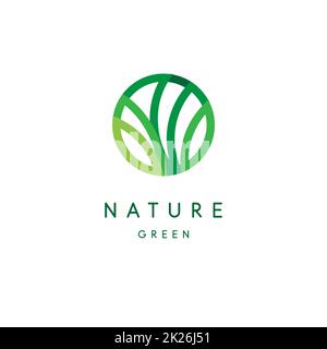 Logo della natura, verde tropicale, lascia icona, linea stilizzata, emblema tondo, design moderno, chioma logotipo modello Foto Stock