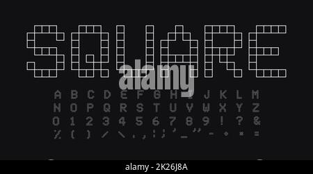 Set di lettere e numeri quadrati. Alfabeto latino vettoriale di stile lineare semplice geometrico. Font per eventi, promozioni, logo, banner, monogramma e poster. Design tipografico. Foto Stock