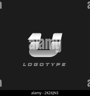 Lama argento lettera U, grassetto corsivo tagliato monogramma. Stemma vettoriale in ferro di alluminio per officina di riparazione auto o per auto e servizio di corsa logo moderno. Foto Stock