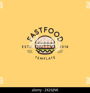 Fast food logo vettoriale modello. Burger caldo design. Hamburger di segno. Cheeseburger sign design. Foto Stock