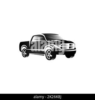 Isolato in bianco e nero in stile di incisione pick-up logo, vetture logotipo, colore nero veicolo automobilistico illustrazione vettoriale Foto Stock