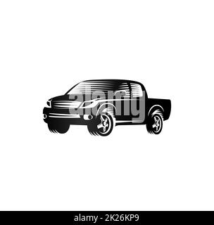 Isolato in bianco e nero in stile di incisione pick-up logo, vetture logotipo, colore nero veicolo automobilistico illustrazione vettoriale Foto Stock