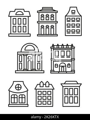 Isolato in bianco e nero a colori a basso aumento di case comunali in stile lineart raccolta di icone, elementi urbano di edifici architettonici illustrazioni vettoriali set. Foto Stock