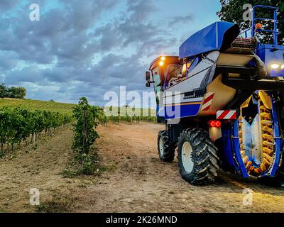 Vendemmia serale della mietitrebbia in Francia Foto Stock