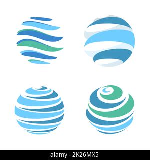 Set di modelli di logo vettoriali astratti con il pianeta globale blu. Strisce blu rotanti, pianeta circolare in movimento intorno al suo asse. Varie Universal isolato logo collezione. Foto Stock