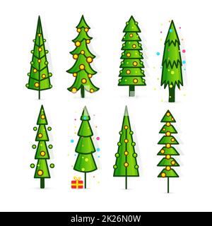 Set di alberi di Natale, pini icone in stile piatto, grafica brillante per la progettazione di biglietti d'auguri e inviti a Capodanno e Natale. Illustrazione vettoriale Foto Stock