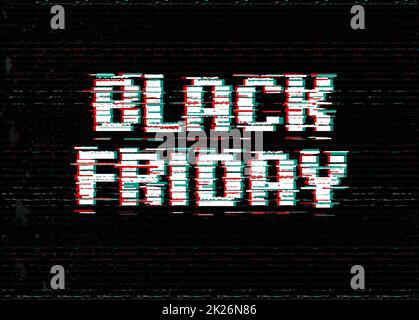 Venerdì nero Promo Design Tipografia. Shop banner con effetto di Glitch Testo. Illustrazione Vettoriale. Foto Stock