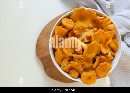 un sacco di funghi finferli rossi in un piatto bianco su un tavolo grigio chiaro Foto Stock