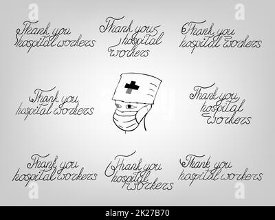 set di caratteri vettoriali in inchiostro nero grazie ai lavoratori ospedalieri Foto Stock
