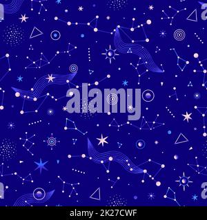 Modelli senza giunture spaziali di pianeti, stelle, altri corpi celesti. Illustrazione vettoriale sul tema dell'astrologia, dell'astronomia Foto Stock