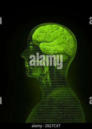 Apprendimento automatico. Intelligenza artificiale. Background tecnologico con testa di una persona composta da bit e programmi di codice. Foto Stock