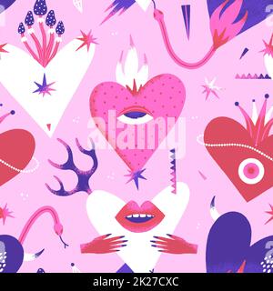 Cuori pericolosi. Ripetizione senza giunture. Design creativo per San Valentino. Arte contemporanea Illustrazione vettoriale mistica Foto Stock