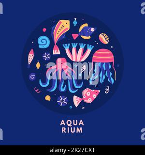 Vettore divertente mondo subacqueo. Colorata vita marina. Carini pesci disegnati a mano, conchiglie, polpi, alghe, meduse Foto Stock