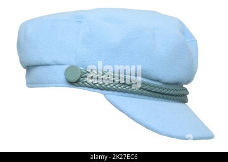 Primo piano di un cappello o berretto blu alla moda femminile con visiera isolata su sfondo bianco. Macro. Foto Stock