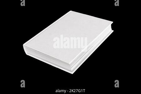 Libro mockup con copertina vuota bianca isolata su sfondo nero. Vista angolare. Lettura, studio, concetto di istruzione. Enciclopedia, Bibbia, codice, romanzo. Foto di alta qualità Foto Stock