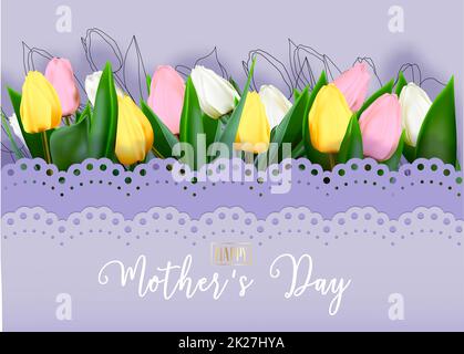 Auguri per la Festa della mamma. Fiori primaverili tulipani, sfondo festivo. Illustrazione vettoriale. Vacanza femminile Foto Stock