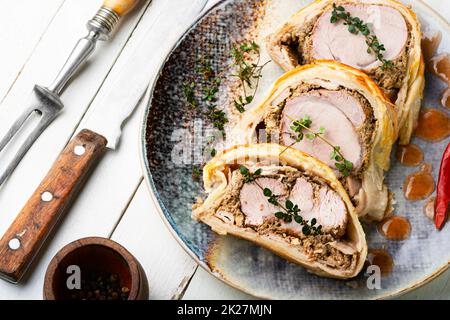 La carne di Wellington è un piatto di filetto festoso. Foto Stock