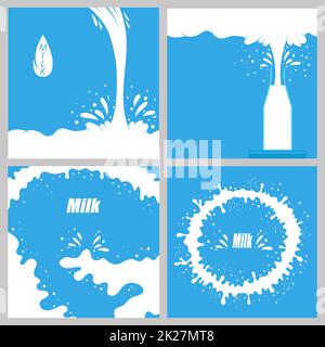 Versare il latte spruzzato su sfondo blu. Gocce di liquido cremoso bianco. Fresh Farm Milky Flow drink. Poster minimalista Foto Stock