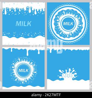 Versare il latte spruzzato su sfondo blu. Gocce di liquido cremoso bianco. Fresh Farm Milky Flow drink. Poster minimalista Foto Stock
