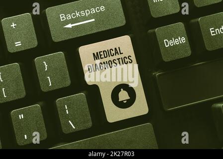 Didascalia di testo che presenta Medical Diagnostics. Parola scritta su atto di identificare una malattia dai suoi segni e sintomi Modifica e redigitazione Segnala errori di ortografia, digitando Online Shop Inventory Foto Stock