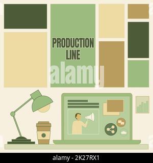 Didascalia di testo che presenta la linea di produzione. Vetrina aziendale insieme di operazioni sequenziali stabilite in una fabbrica laptop su Un tavolo accanto tazza da caffè e lampada da scrivania che mostra il processo di lavoro. Foto Stock