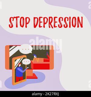 Scrittura visualizzazione testo Stop Depression. Concettuale foto fine i sentimenti di grave disprezzo e deiezione due colleghi condividere pensieri con Speech bolle spuntando fuori dai telefoni Foto Stock