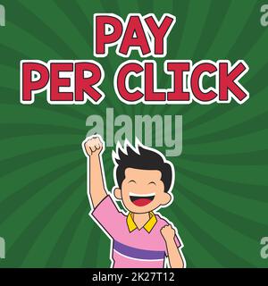 Cartello di testo con la scritta Pay per Click. Concetto che significa internet marketing in cui il pagamento è basato su clickthroughs allegria uomo godendo realizzazione con Spiral sfondo di sollevamento mano. Foto Stock