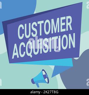 Didascalia di testo che presenta l'acquisizione del cliente. Parola per esso si riferisce a guadagnare i nuovi consumatori al Megaphone di affari che disegna parlare a chiacchierata che fa l'annuncio della scatola. Foto Stock