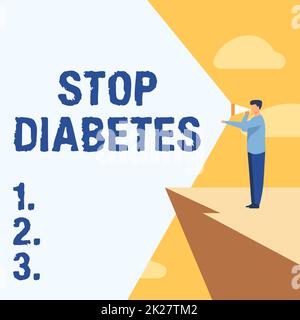 Testo scritto a mano Stop Diabetes. Internet concetto prevenire la malattia di livello elevato di glucosio nel sangue imprenditore disegno in piedi in Cliff utilizzando Megaphone rendendo Annuncio. Foto Stock