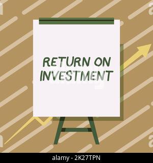 Testo che mostra il ritorno sull'investimento. Parola per la revisione di un rapporto finanziario o di un'analisi del rischio di investimento Lavagna bianca disegno con freccia in su che presenta il grafico crescente. Foto Stock