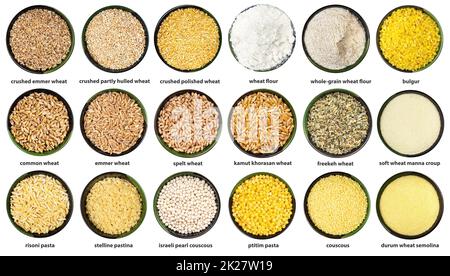 set di vari grani di grano in ciotole con nomi Foto Stock