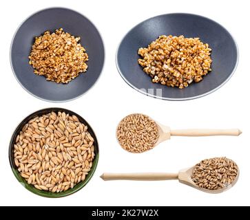 set di vari grani di farro bolliti e crudi Foto Stock