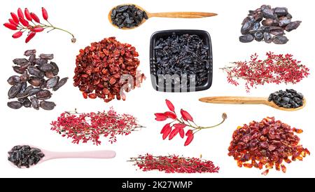 set di vari frutti di barbacca isolato su bianco Foto Stock