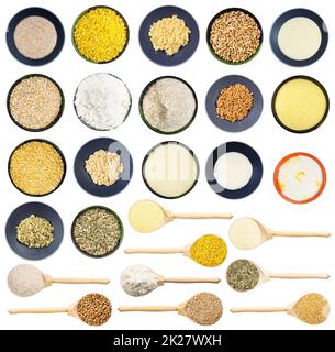 set di vari grani di grano crudo e cotto Foto Stock