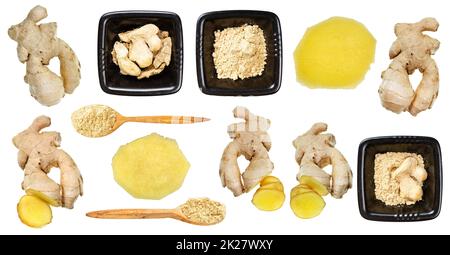 set di varie radici di zenzero fresche e secche Foto Stock