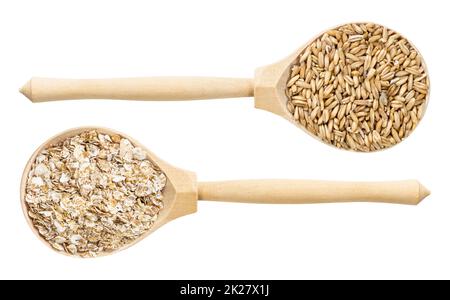 set di viste dall'alto su cucchiaio di legno con grano di avena Foto Stock