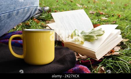 Una ragazza si siede su una coperta nella foresta autunnale, legge un libro e beve una bevanda calda da una tazza gialla in un parco cittadino in una giornata calda su un prato verde. Il concetto di lettura, relax e comfort. Foto Stock