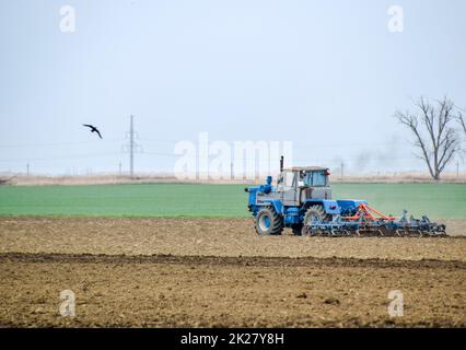 Rigogliosa e allentare il suolo sul campo prima della semina. Il trattore aratri un campo con un aratro Foto Stock
